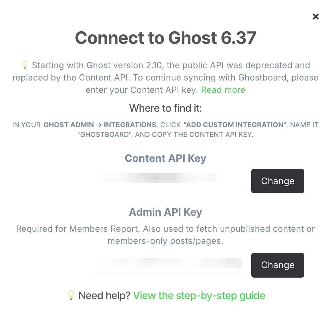 Growblog screen to paste the Ghost Content API key